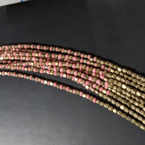 Gold Tone and Pink Beaded Multi Strand Layered Statement Necklace - Picture 2 of 4